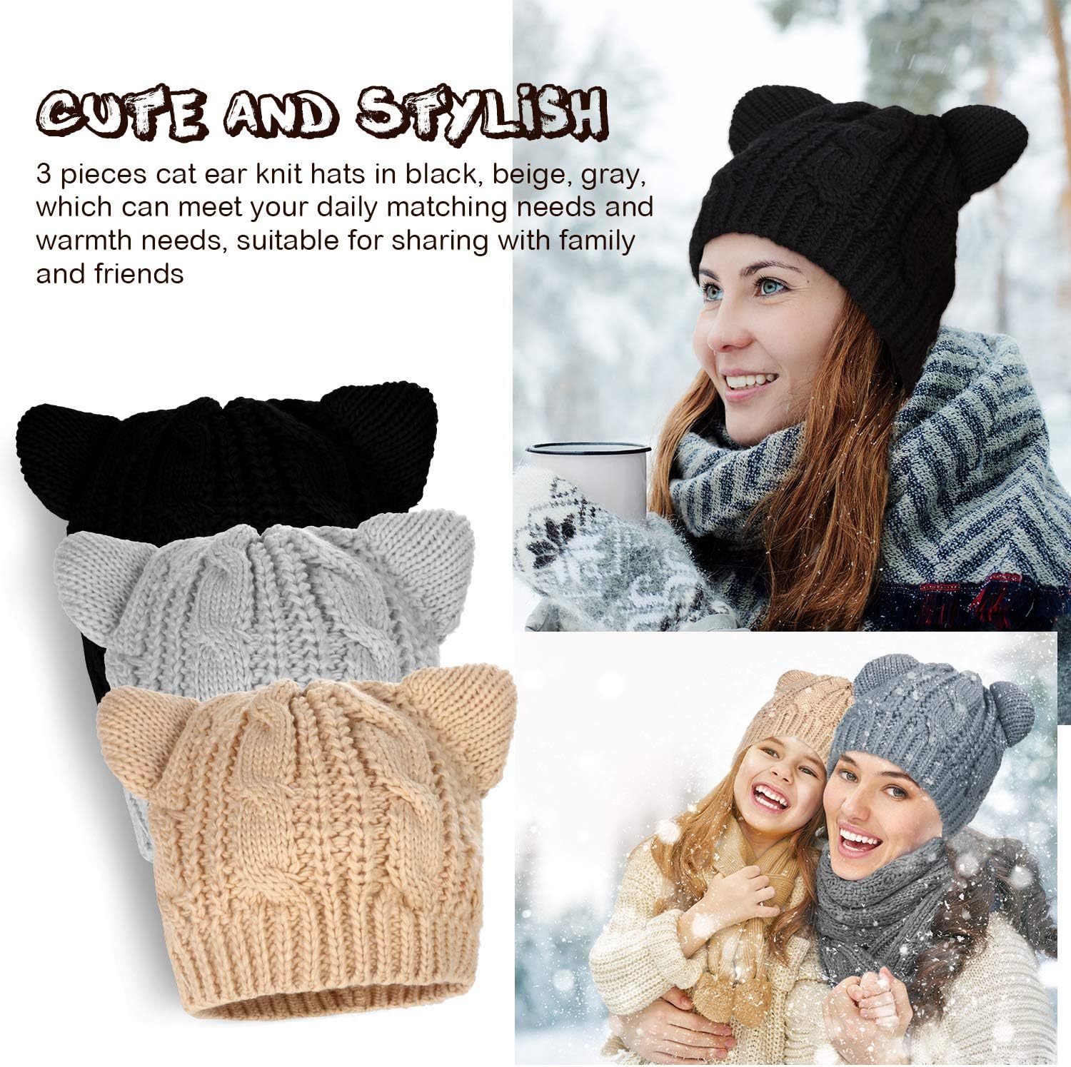 3 Pieces Cat Ear Knit Cap Crochet Braided Knit Caps Handmade Knit Lined Knitted Pussycat Hat Winter Beanie Hat for Women Men, Black, Beige, Gray - Image 6