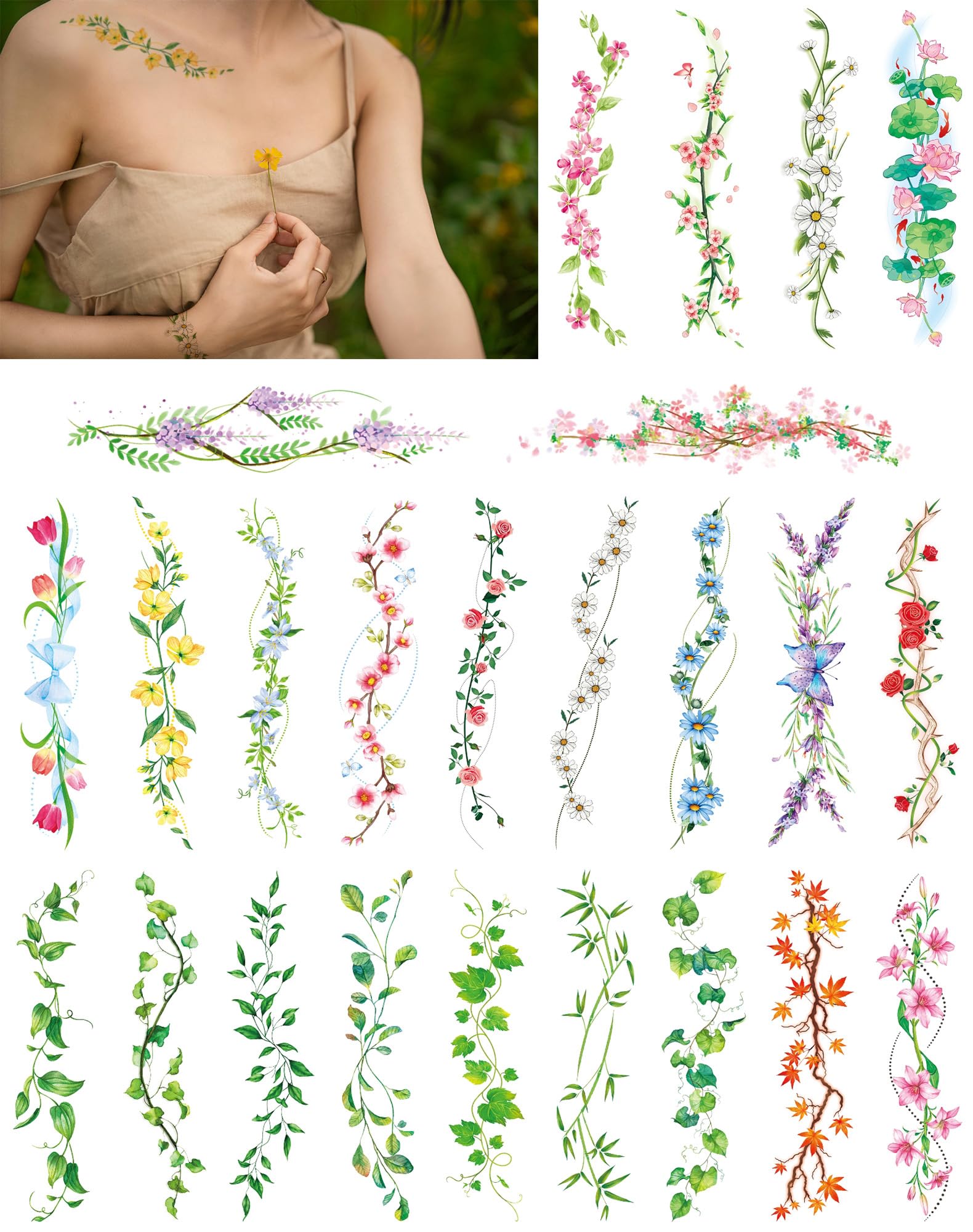 Flower Temporary Tattoos,24 Sheets Colored 3D Body Art Accessories for Adults Women Teen Girls, Water Transfer Fake Beach Flower Tattoo Stickers for Festival Costume Party
