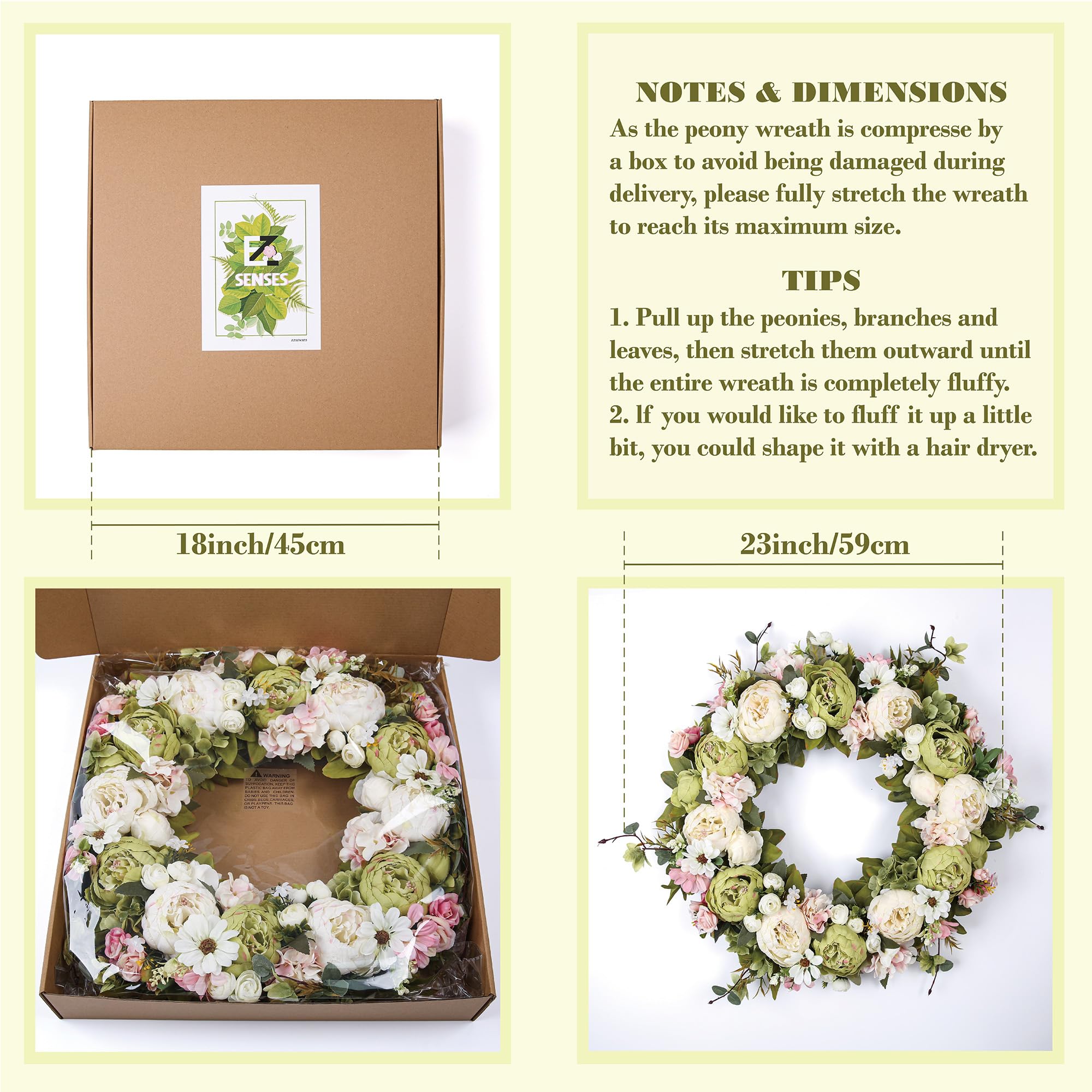 Ghirlanda di peonie da 58,4 cm, ghirlanda floreale artificiale per porta d'ingresso, decorazione da parete, decorazione per la casa, festival, celebrazioni, feste di nozze, nuovi proprietari,