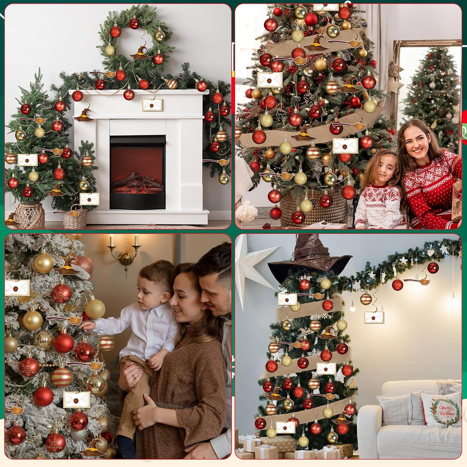 66Pcs Magical Christmas Tree Decorations Set Include Christmas Balls Ornaments Tree Topper Witch Hat Decor Magic Hanging Swirls and Burlap Ribbon for Xmas Holiday Birthday Home Party Supplies Gifts