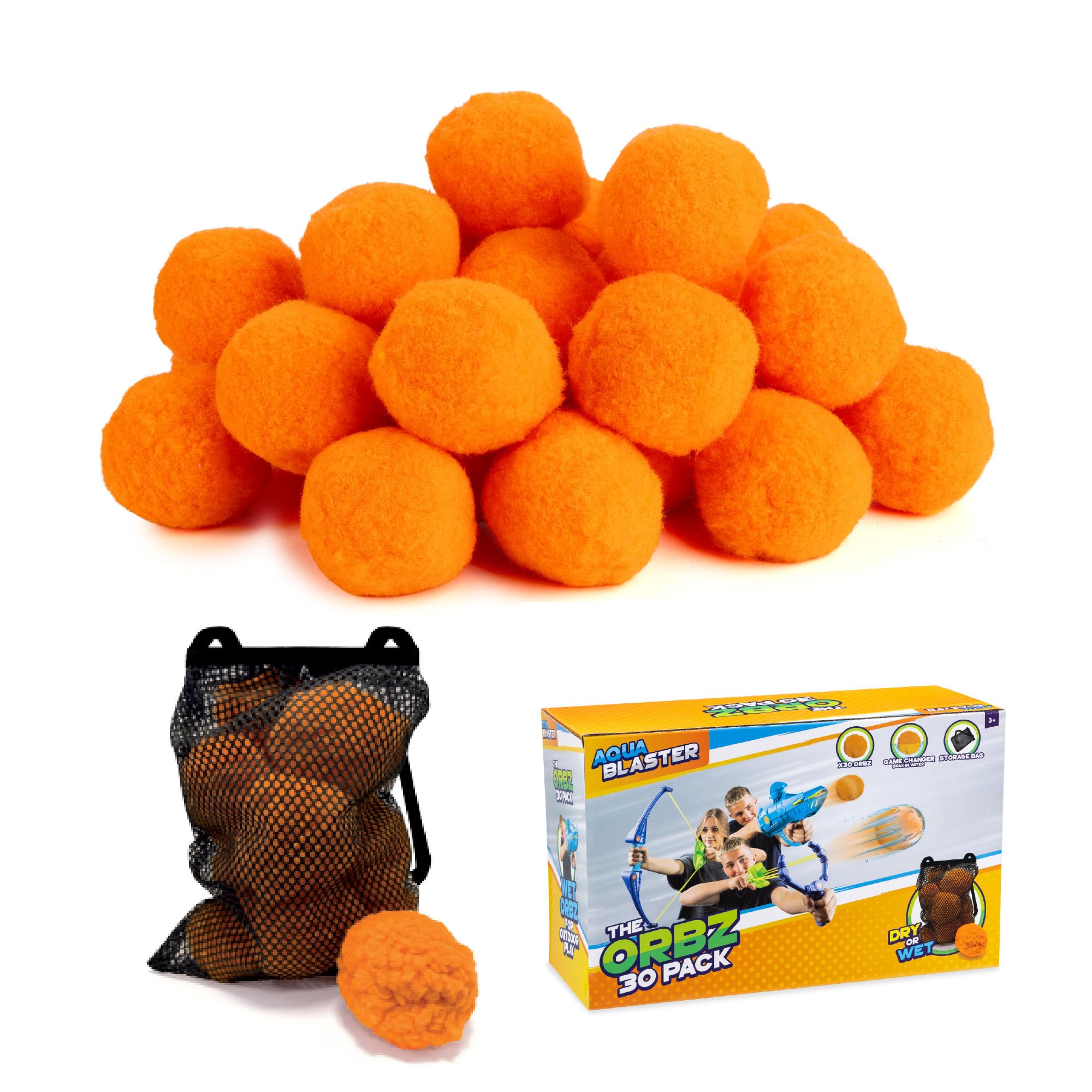 Aqua Blaster Orbz 30 Pack, Reusable Soft Cotton Balls with Carry Bag, Compatible Ammo Refill for Kids Launchers, Outdoor Games, Garden Play & Summer Fun