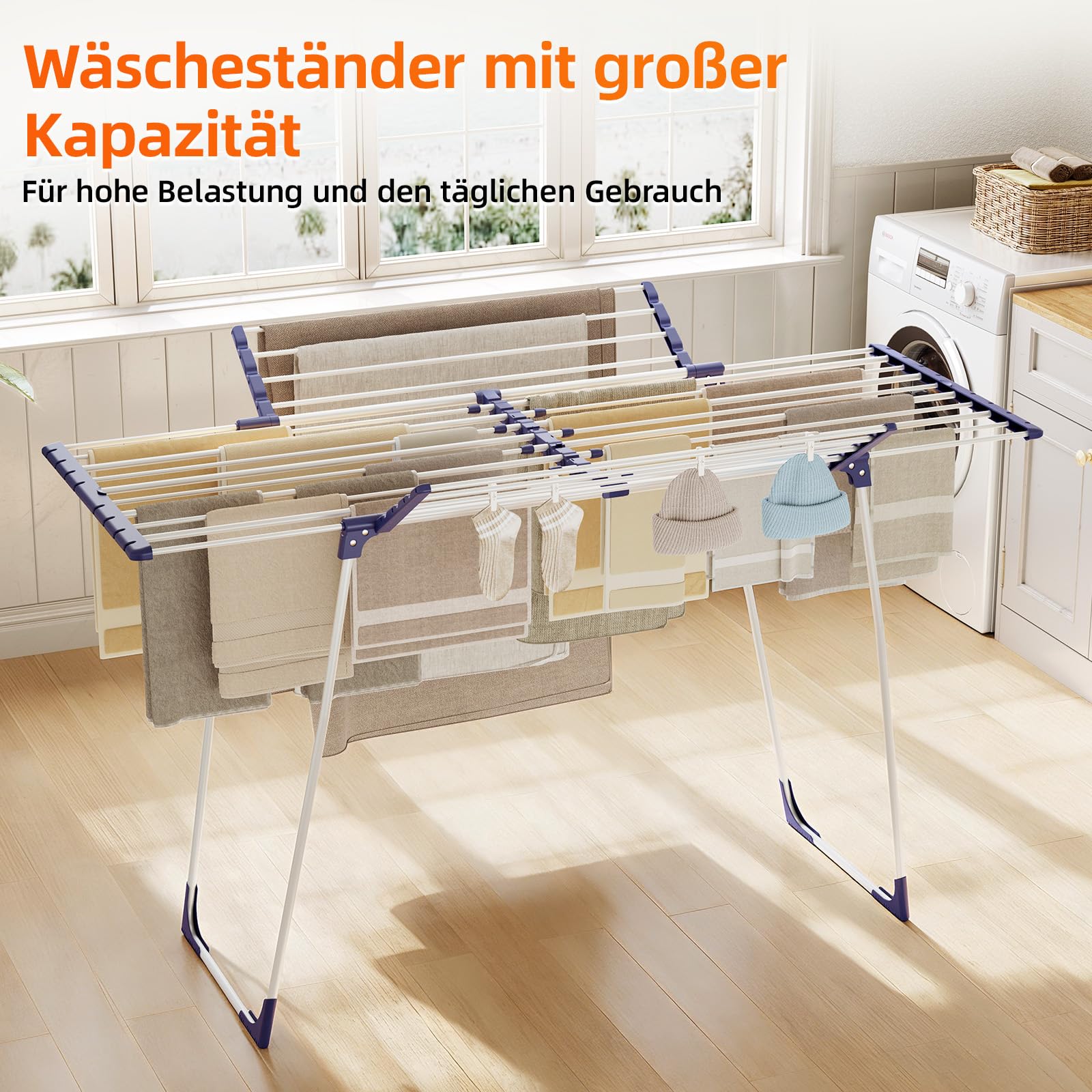 KINGBOARD Wäscheständer klappbar ausziehbar, Flügelwäscheständer 57 x 162 x 86 cm, Stabiler Standtrockner mit rutschfesten Füßen für Innen und Außen, Weiß