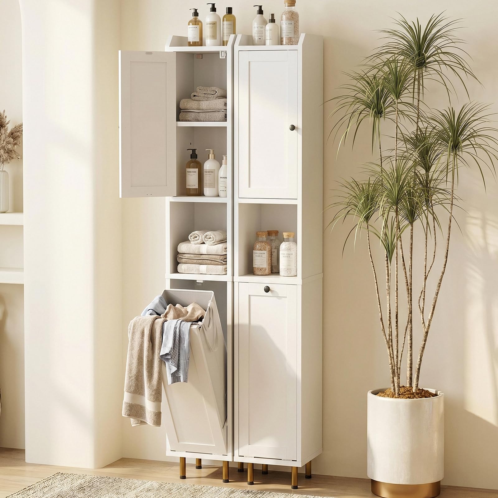 Badezimmerschrank mit Wäschekorb, 181cm Schmaler Badschrank Hoch, Badezimmer Hochschrank, Freistehender Wäscheschrank mit herausnehmbarem, Wäschesack aus Stoff & Kippschutz, 30 x 30 x 181cm, Weiß, 1pc