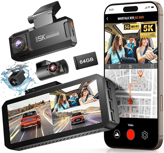 R39 Dash Cam Front and Rear,Dash Cam 3 Channel 5K with Built