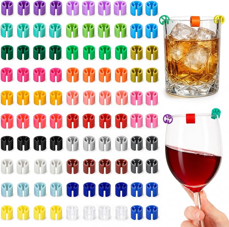 100pcs Rim Clip Glass Markers for Drinks, Secure Anti-slip Grip | 25 Fade-Proof Colors, Secure anti-slip grip, Storage Box, Mix-and-Match Combo, For bachelorette, holiday, casual party