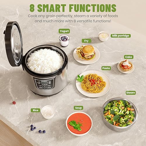 Miniatura 4 de Olla arrocera cocida para 20 tazas (10 tazas sin cocinar) con 8 funciones, olla y vaporera de acero inoxidable de cocción saludable, cubierta