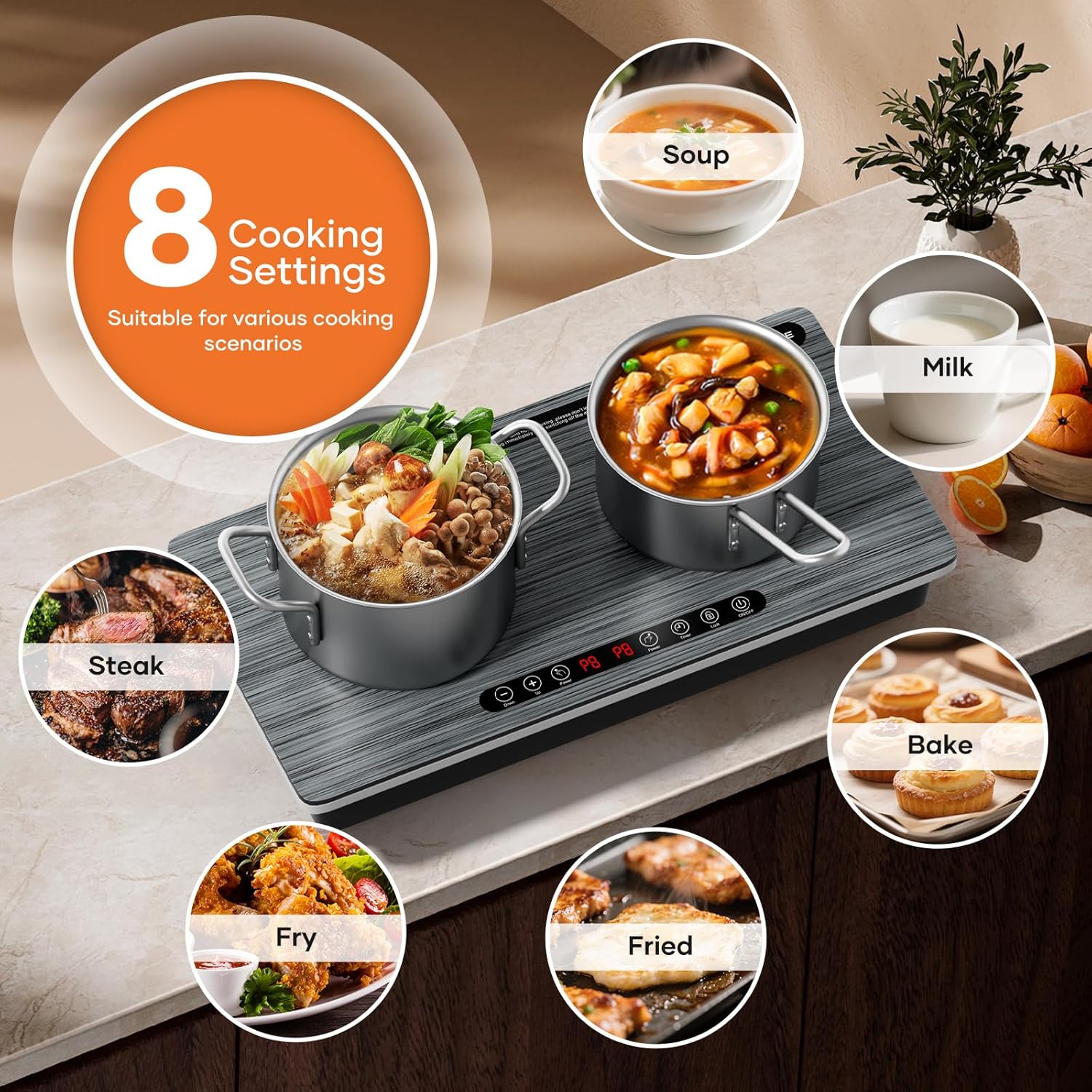 Double Induction Cooktop 1800W with Wood Grain Panel, Dual 900W Burners Portable Electric Stove, Touch Control, 8 Temperature Levels, Fast Heating & Safety Protection for Home Apartment RV