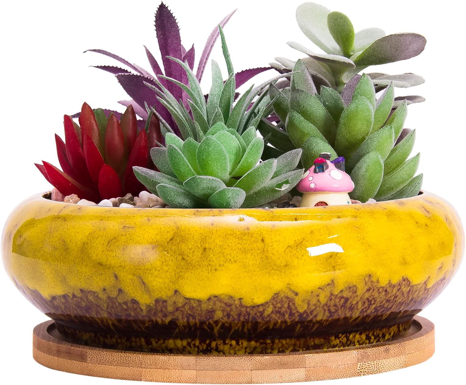 ARTKETTY Succulent Pots - 7.3 Inch Large Succulent Planters with Drainage Ceramic Bonsai Pots with Bamboo Tray, Shallow Planters for Indoor Cactus Plants Decorative Flower Plant Container