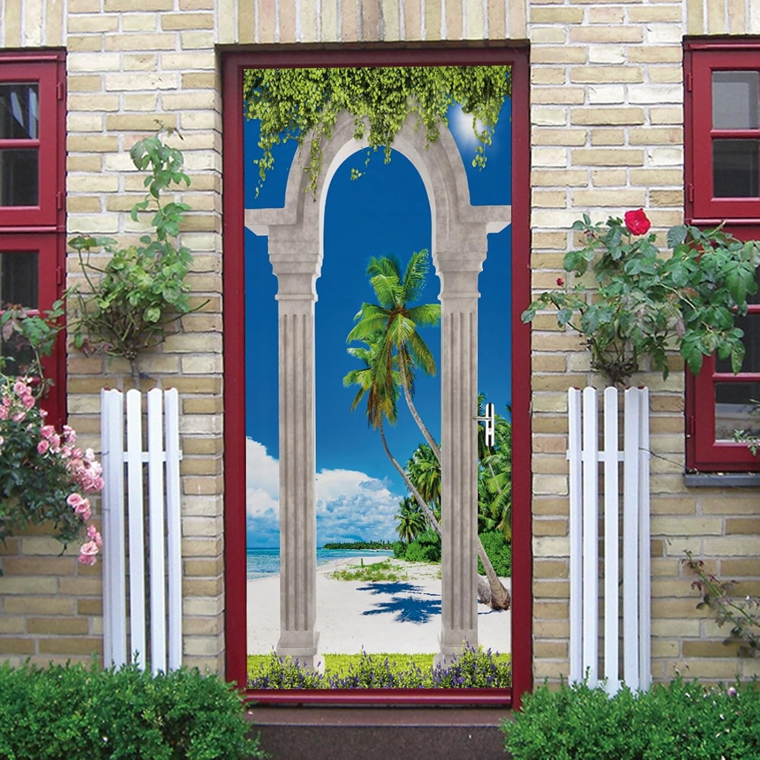 A.Monamour 3D Door Stickers for Interior Doors Coconut Palm Tree Beach View from an Arch Door Vinyl Waterproof Self Adhesive Door Mural Decals for Bedroom Office Bathroom 85 x 215cm