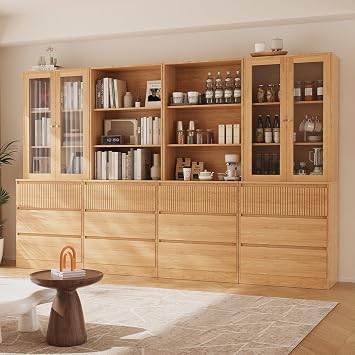 TUSY Tall Bookcase with Glass Doors and Drawers,71 Wooden Bookshelf with Storage,Display Cabinet for Living Room, Home Office,Set of 4 DBBD