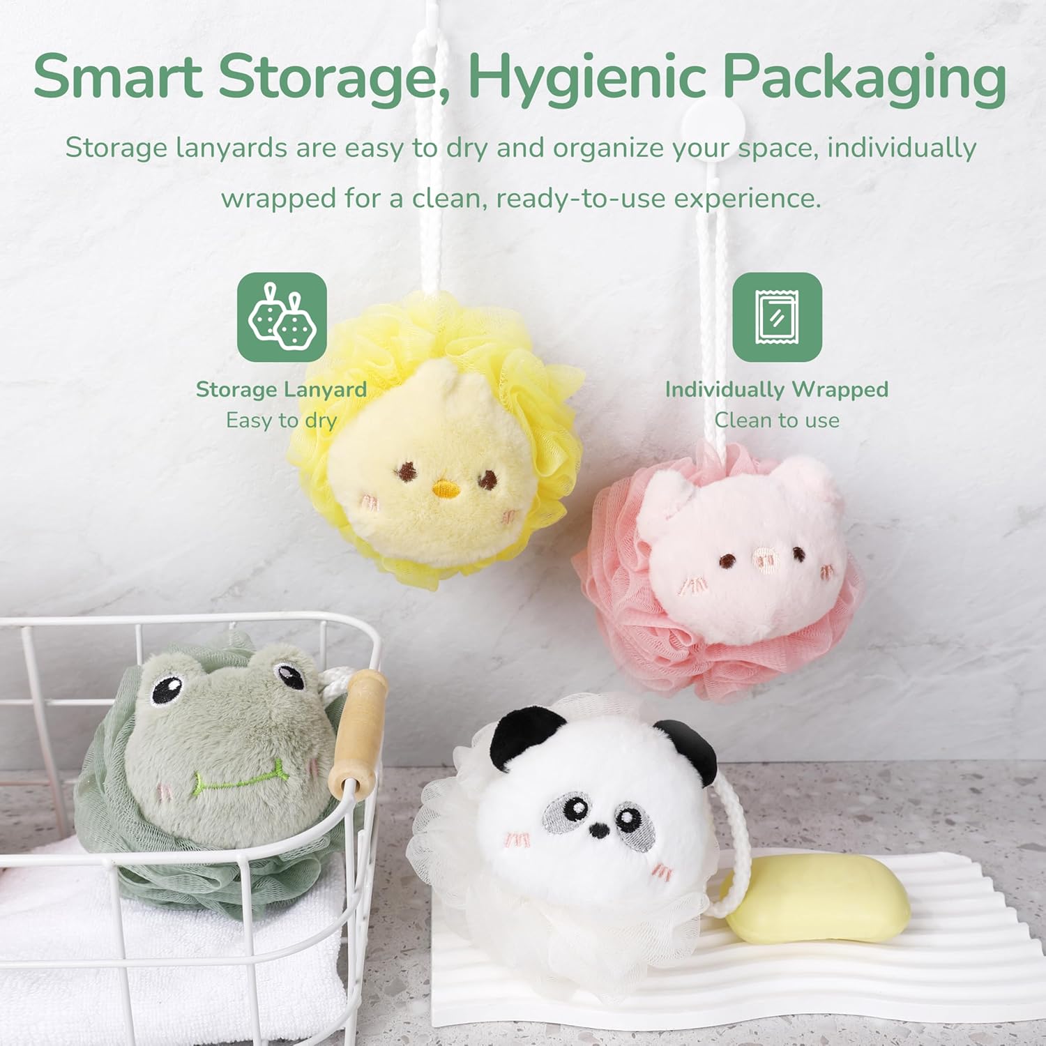 4 Pcs Kids Shower Loofah Set - Cute Animal Body Scrubber Sponges, Gentle Exfoliating Pouf for Boys and Girls Bath Time, Soft Bath Sponges for Children (Assorted Animals) - Image 4