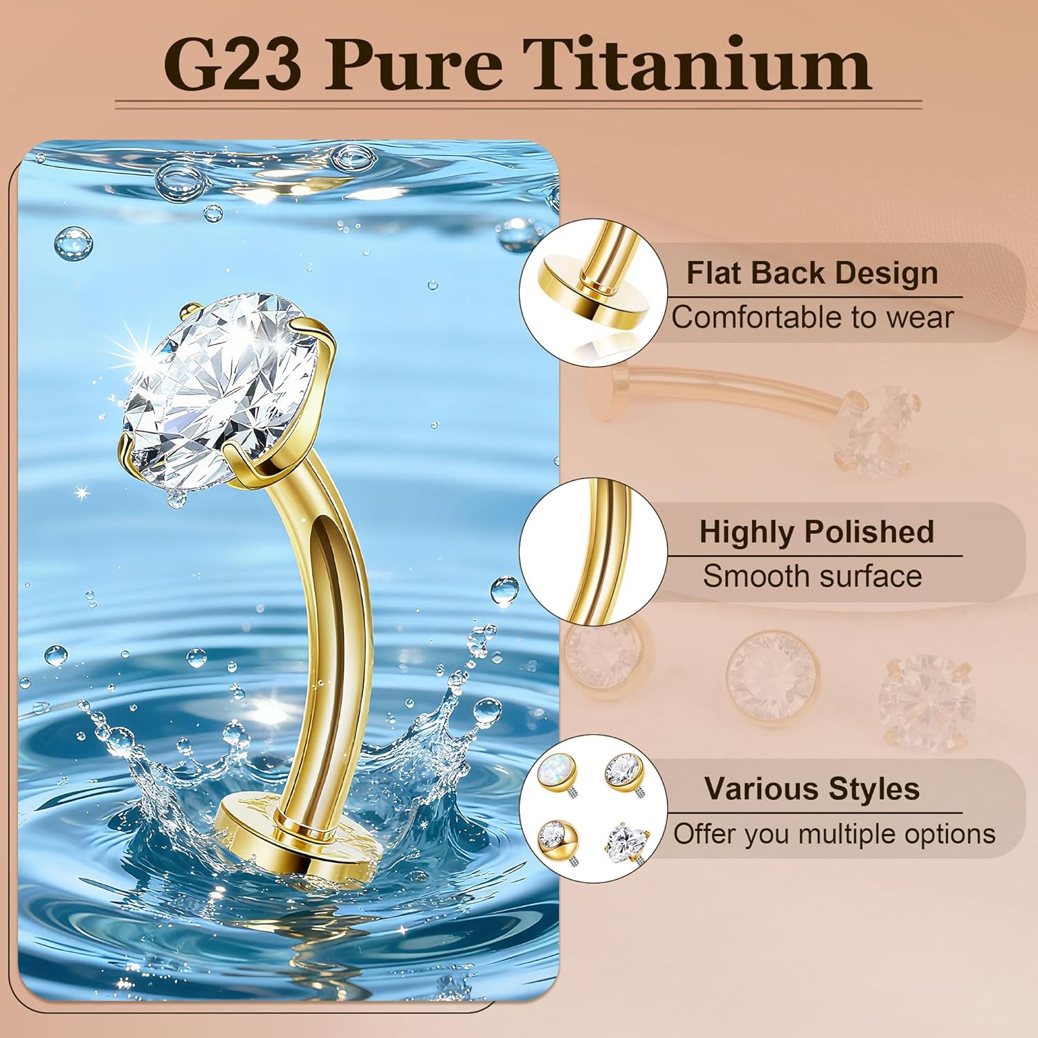 14G G23 Pure Titanium Floating Belly Button Ring for Women Flat Back Petite Belly Navel Ring Hypoallergenic Internally Threaded Navel Ring with Opal CZ Replacement Ball Belly Piercings Jewelry 6-16MM - Image 5