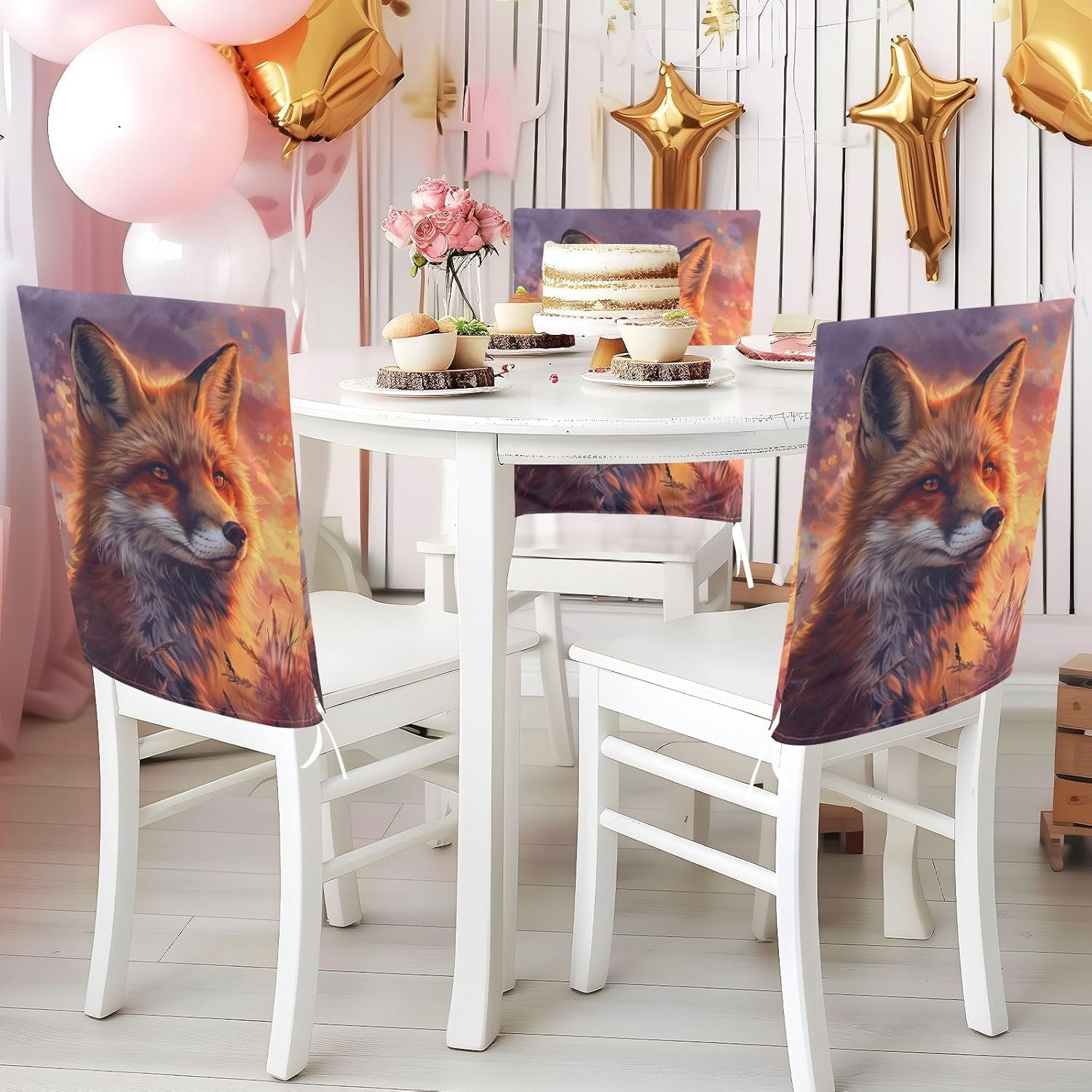 ALAZA Fox at Sunset Chair Back Cover Set of 6, Washable Reusable Removable Chair Slipcovers Decorative Chair Cover for Home Kitchen Wedding Party