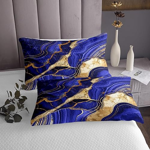 Miniatura 4 de Erosebridal Juego de edredón de mármol azul morado tamaño Queen, juego de colcha con estampado de grietas de mármol dorado para niños, juego de