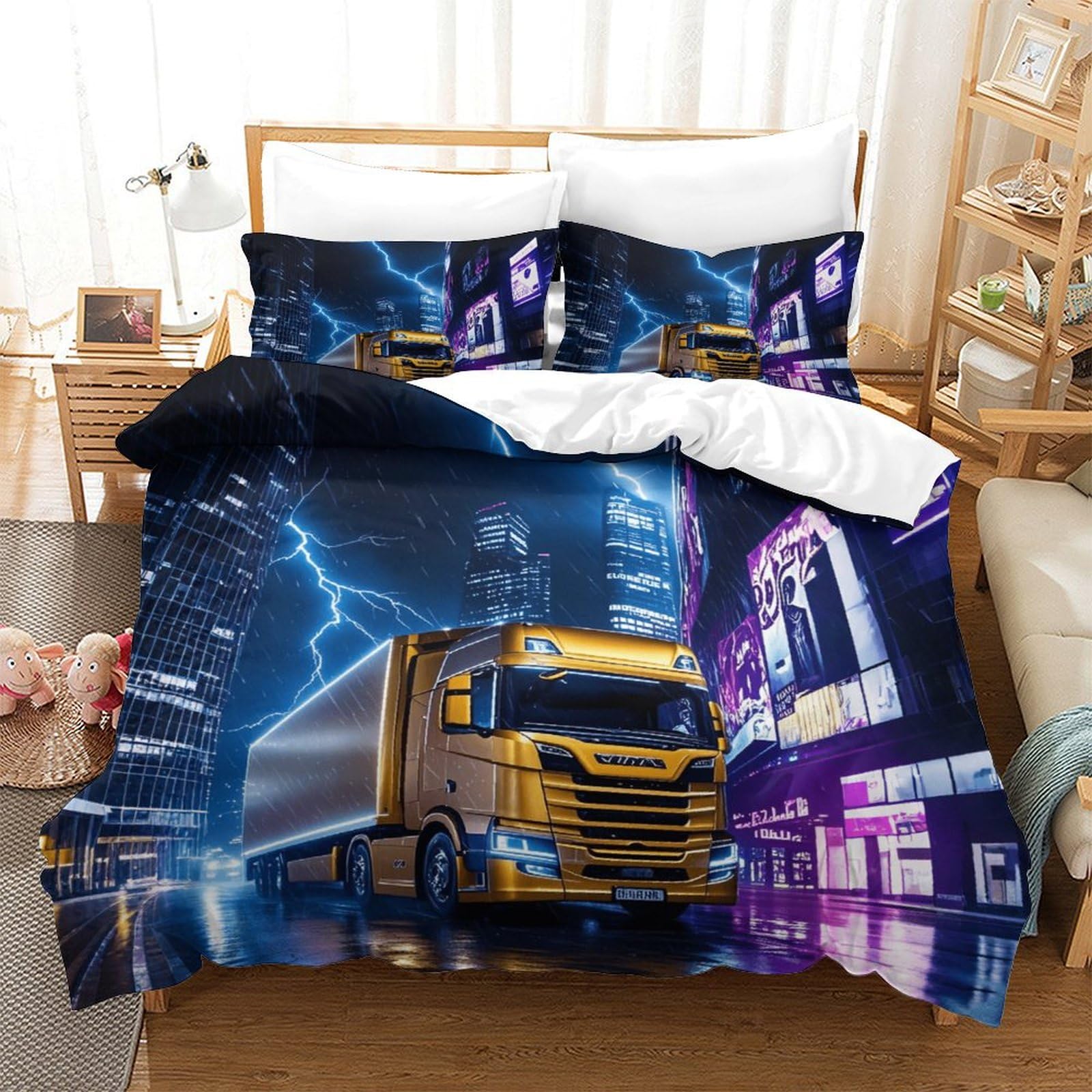 XiaopangXY 3D Printed Pattern Lorry Duvet Cover Set Breathable Truck Bedding Set Comfortable Comforter Cover for Kids & Adults Washable Quilt Cover Set Double（200x200cm）