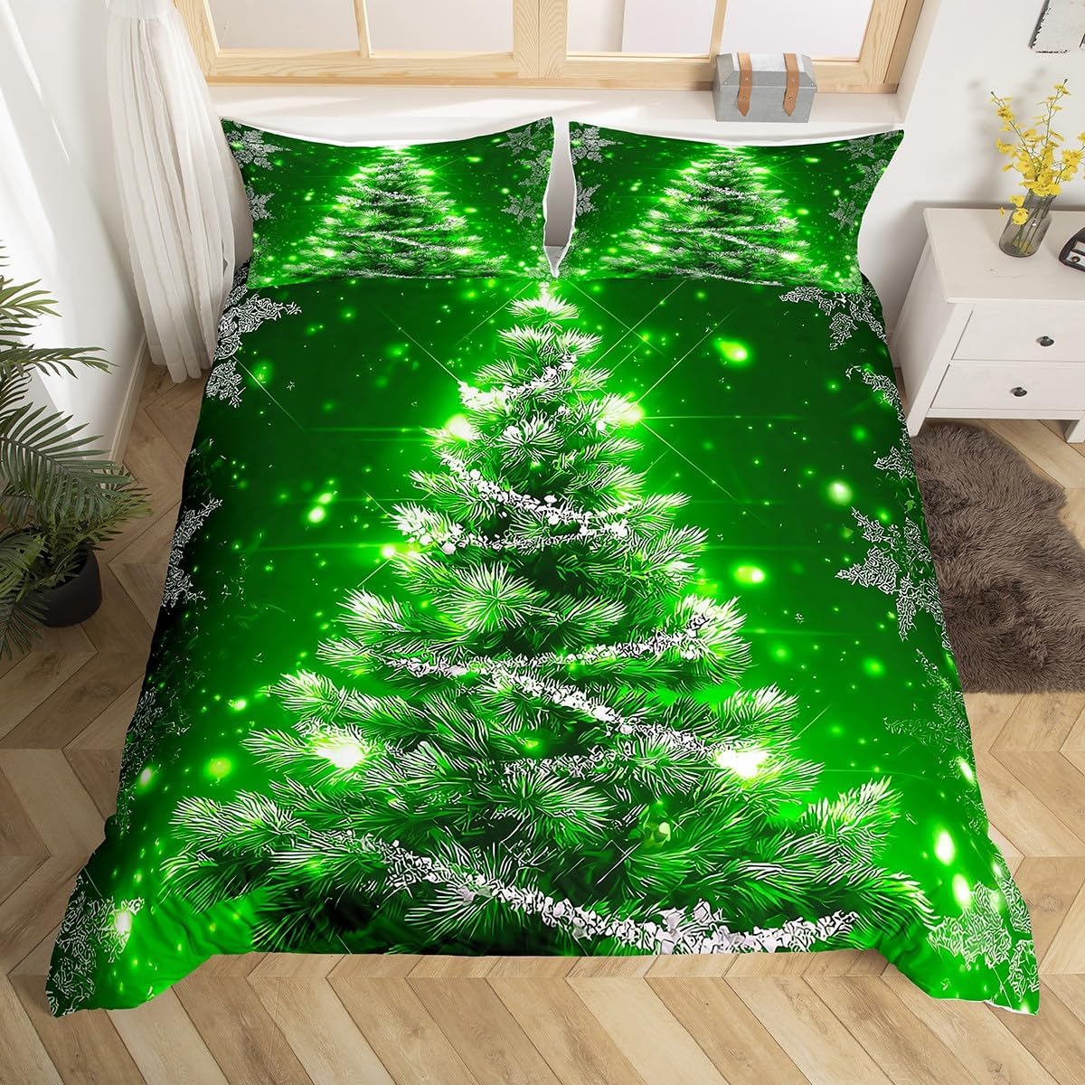 Erosebridal Green Christmas Tree Bedding Set, 2 Piece, Twin Size, Duvet Cover 68"x90", 1 Pillowcase 20"x30"