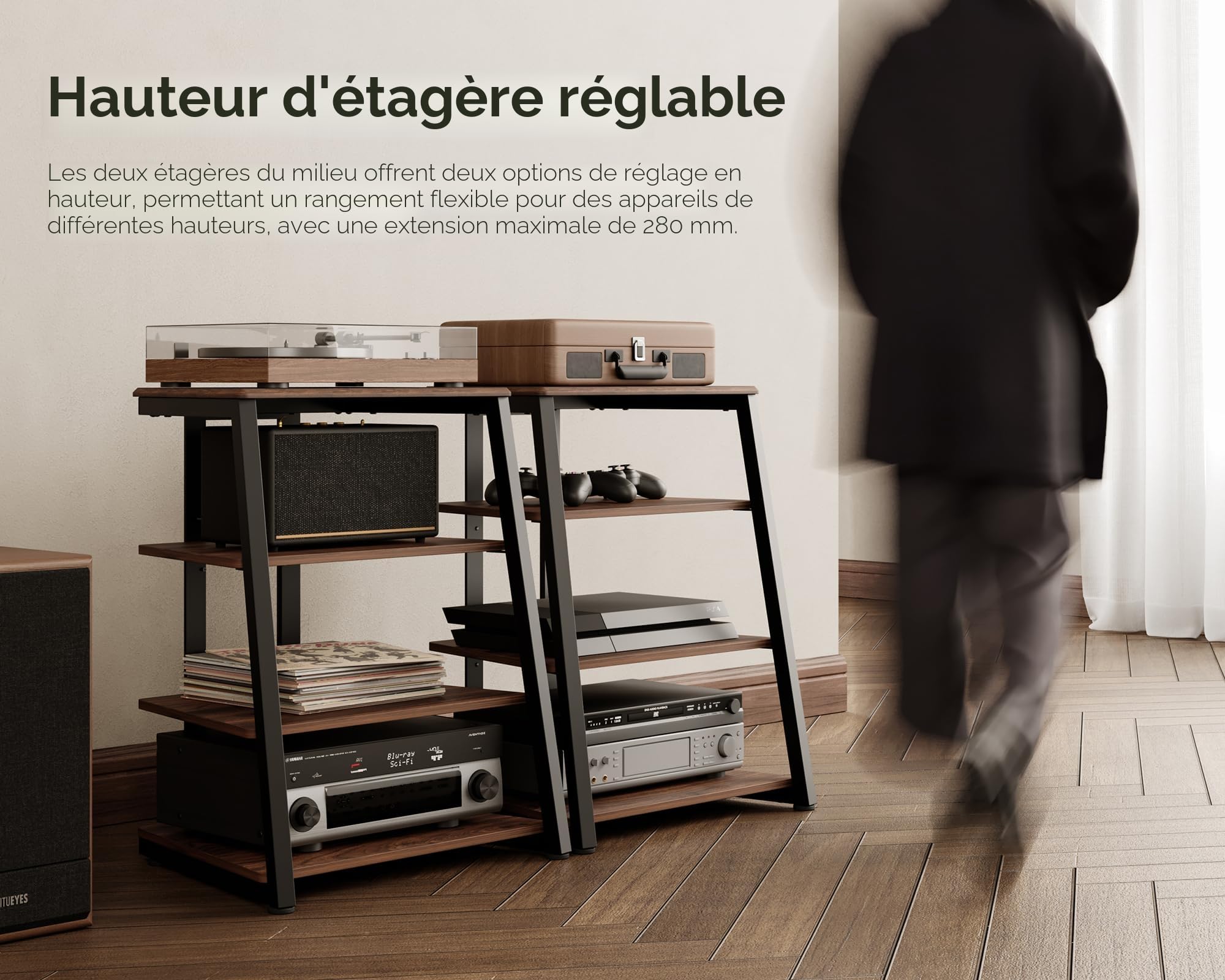 FITUEYES Meuble HiFi à 4 Etagères en Bois et Acier Support pour Platine Vinyle Meuble Audio/Vidéo Capacité de Charge Max. 50KG Structure Solide