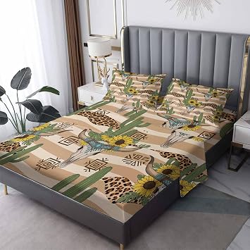 Southwestern Cactus Sunflower Sheets King Sheet Set - Western Bull Skull Bed Sheets, Soft Microfiber & Deep Pocket & Wrinkle Free Sheet & Pillowcase Sets, Rustic Boho Tribal Bedding