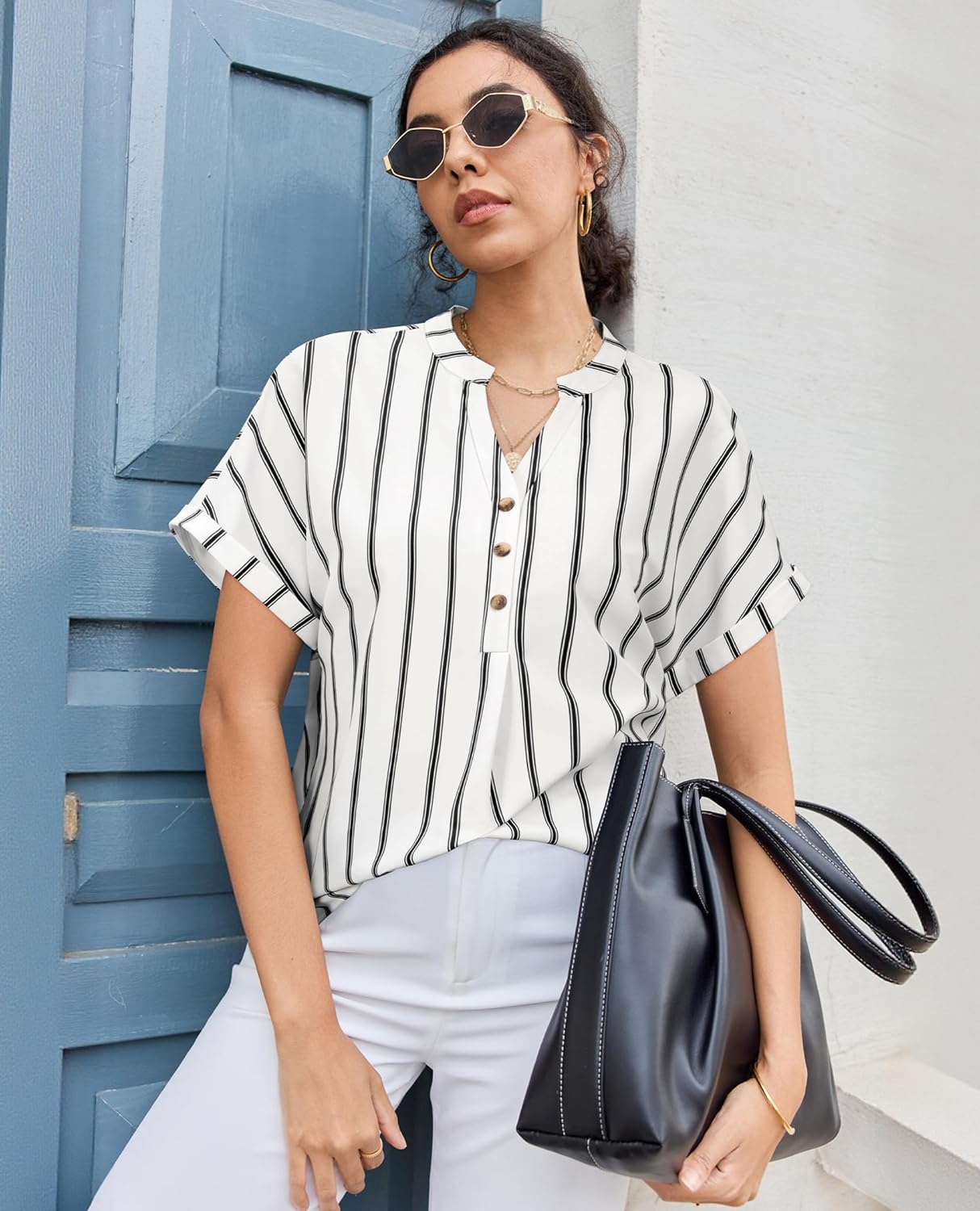 Striped Shirt Women Henley V Neck Button Up Shirt Cap Short Sleeve Blouses Business Dressy Casual Clothes - Image 2