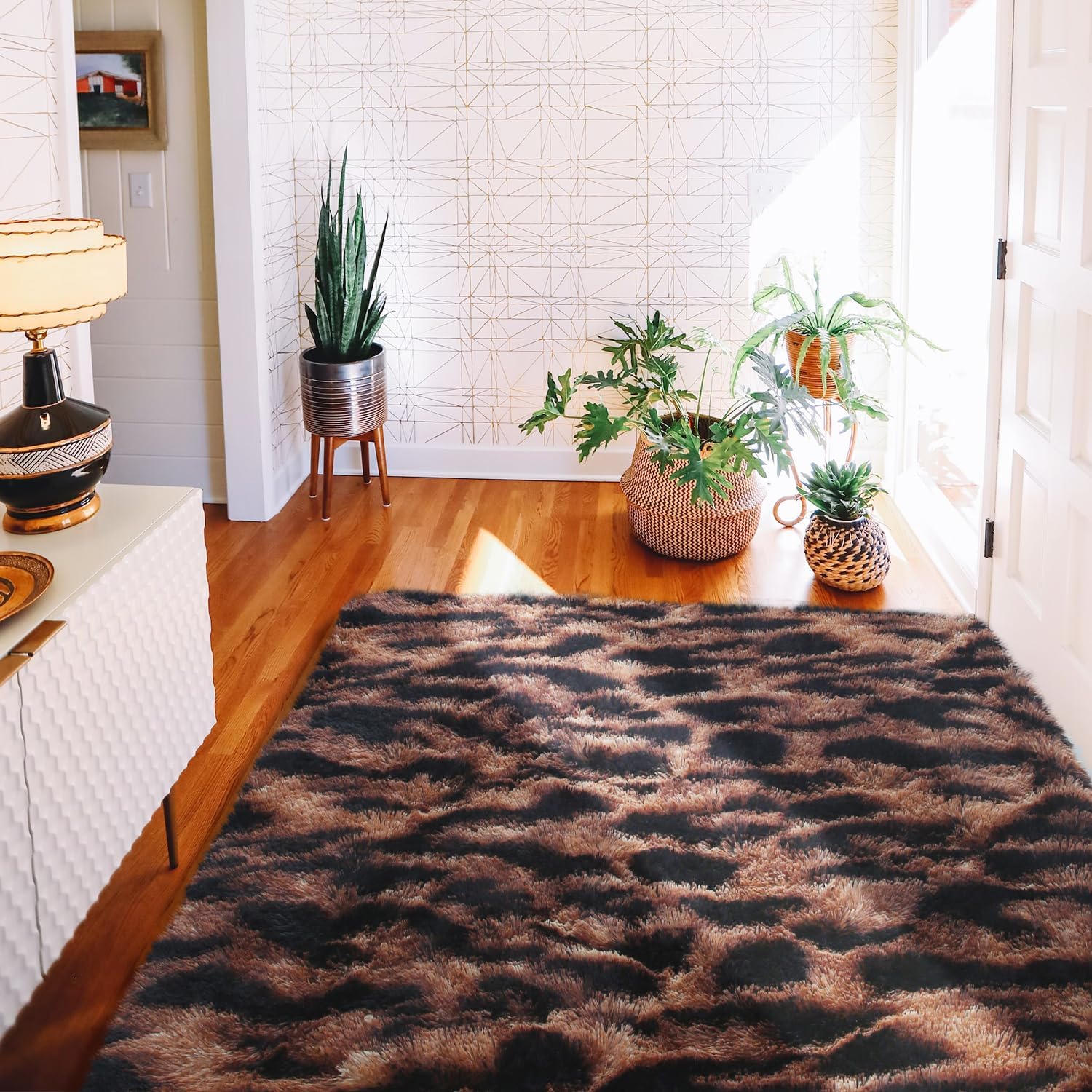 4x6 Feet Fluffy Leopard Rug for Living Room Bedroom, Brown Black Tiedye Area Rug 4x6 Ft, Cheetah Print Animal Rug for Kids Room Decor, High Pile Alfombras para Salas 4'x6'