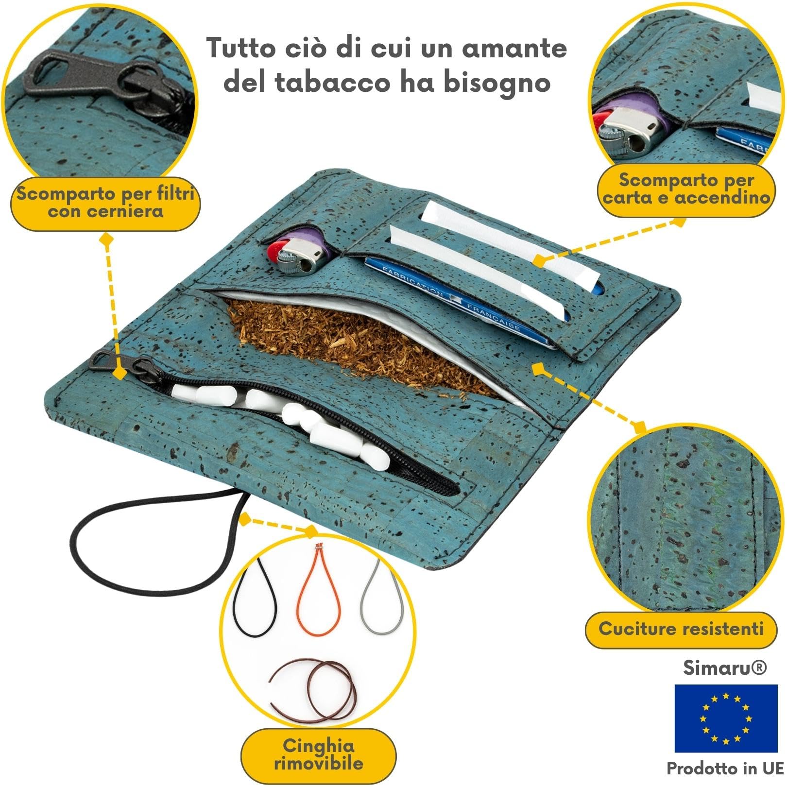 SIMARU porta tabacco in sughero, portatabacco con scomparto cartine, filtri e accendino, astuccio, borsello, sacchetto, borsa porta tabacco impermeabile, durevole e vegane, chiusura intercambiabile