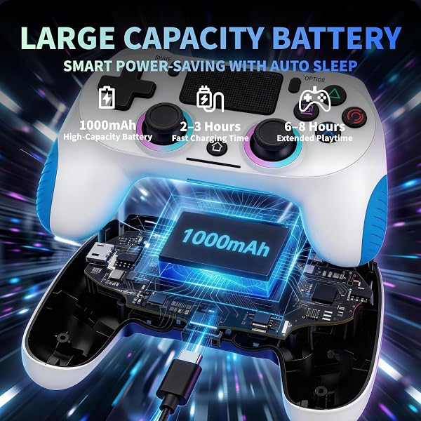 BJXOZ Wireless Controller für PS4, mit USB-C, 1000 mAh, Rutschfester Grip, Dual Vibration, 6-Achsen-Sensor, Touchpad, RGB, Kopfhörerbuchse, Gamepad für PS4/Pro/Slim/PC - 5