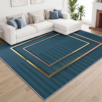 Washable Modern Light Luxury Living Room Rug 120x170 cm, Indoor Low Pile Geometric Border Peacock Green Area Rug, Non Slip Soft Carpet for Bedroom Dining Room Hall Lounge Office Hallway Home Decor