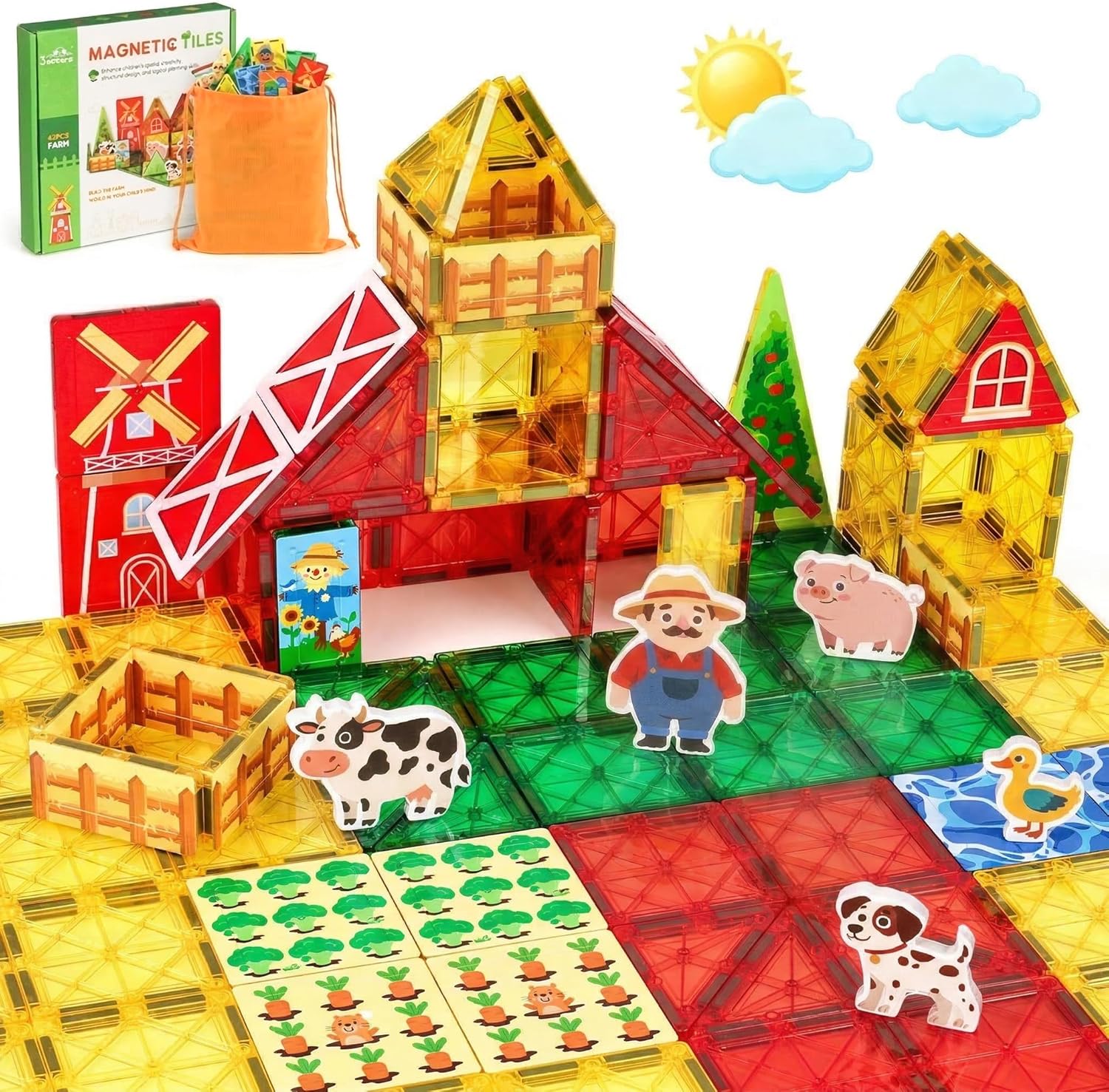 3 Otters 42PCS Magnetic Tiles Toys with Farm Animals, Magnetic Building Blocks Educational STEM Toys for Birthday Party Gifts Kids Toddlers Preschool Classroom