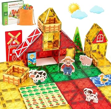 3 Otters 42PCS Magnetic Tiles Toys with Farm Animals, Magnetic Building Blocks Educational STEM Toys for Birthday Party Gifts Kids Toddlers Preschool Classroom