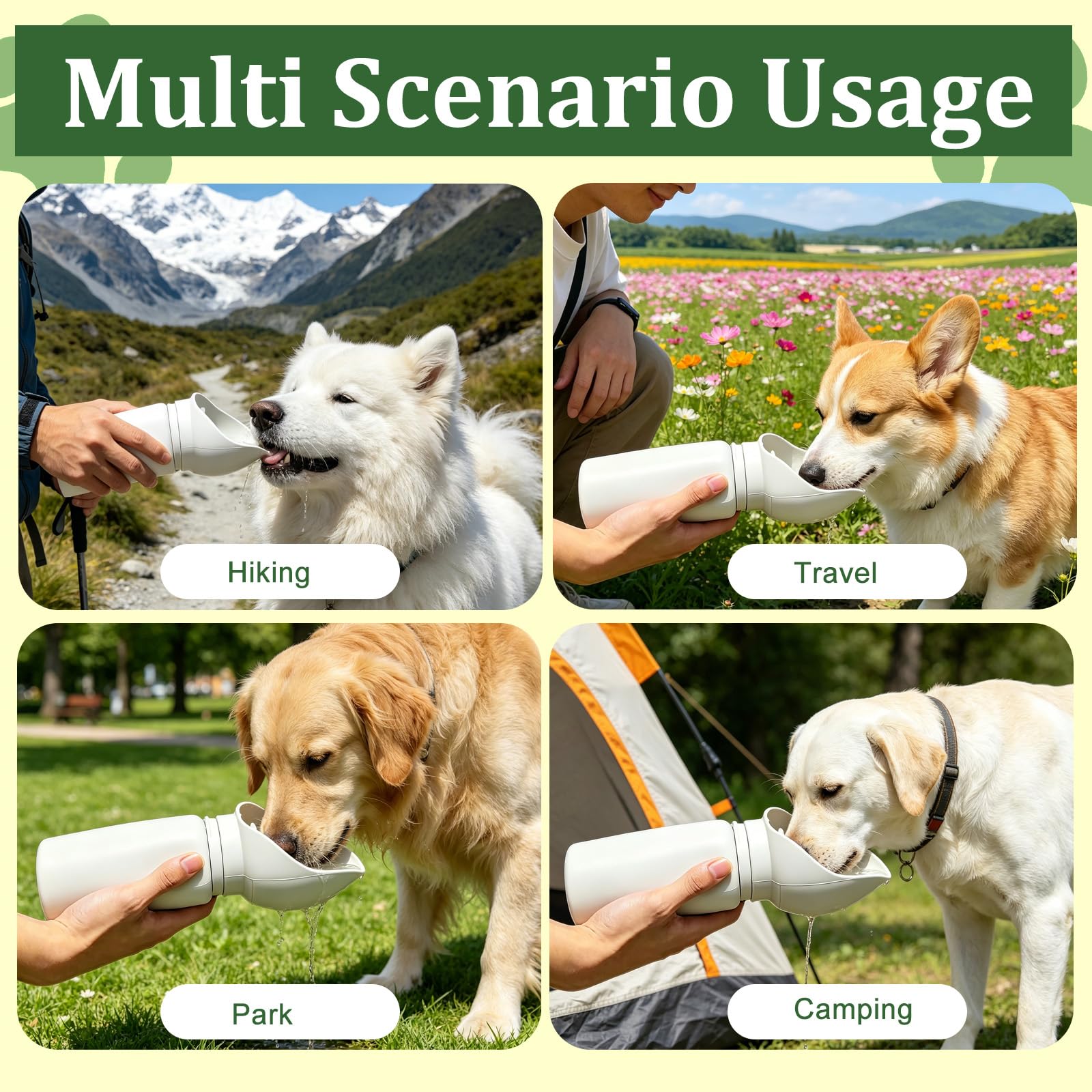 Borraccia pieghevole per cani, a prova di perdite, portatile, con ciotola integrata per cani, in silicone, leggera e pieghevole, per viaggi, passeggiate, campeggio (grigio)