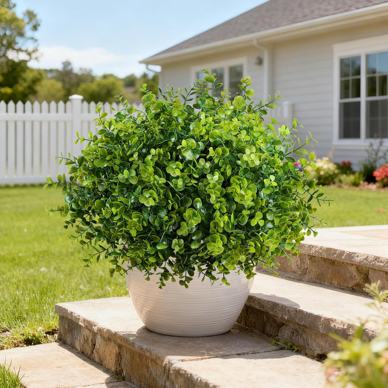 Artificial Faux Outdoor Plants for Spring Summer Decoration, 12 Bundles Fake Plastic Eucalyptus UV Resistant Look Real Fake Plants for Planter Outside Front Door Porch Patio Balcony Garden Indoor Yard
