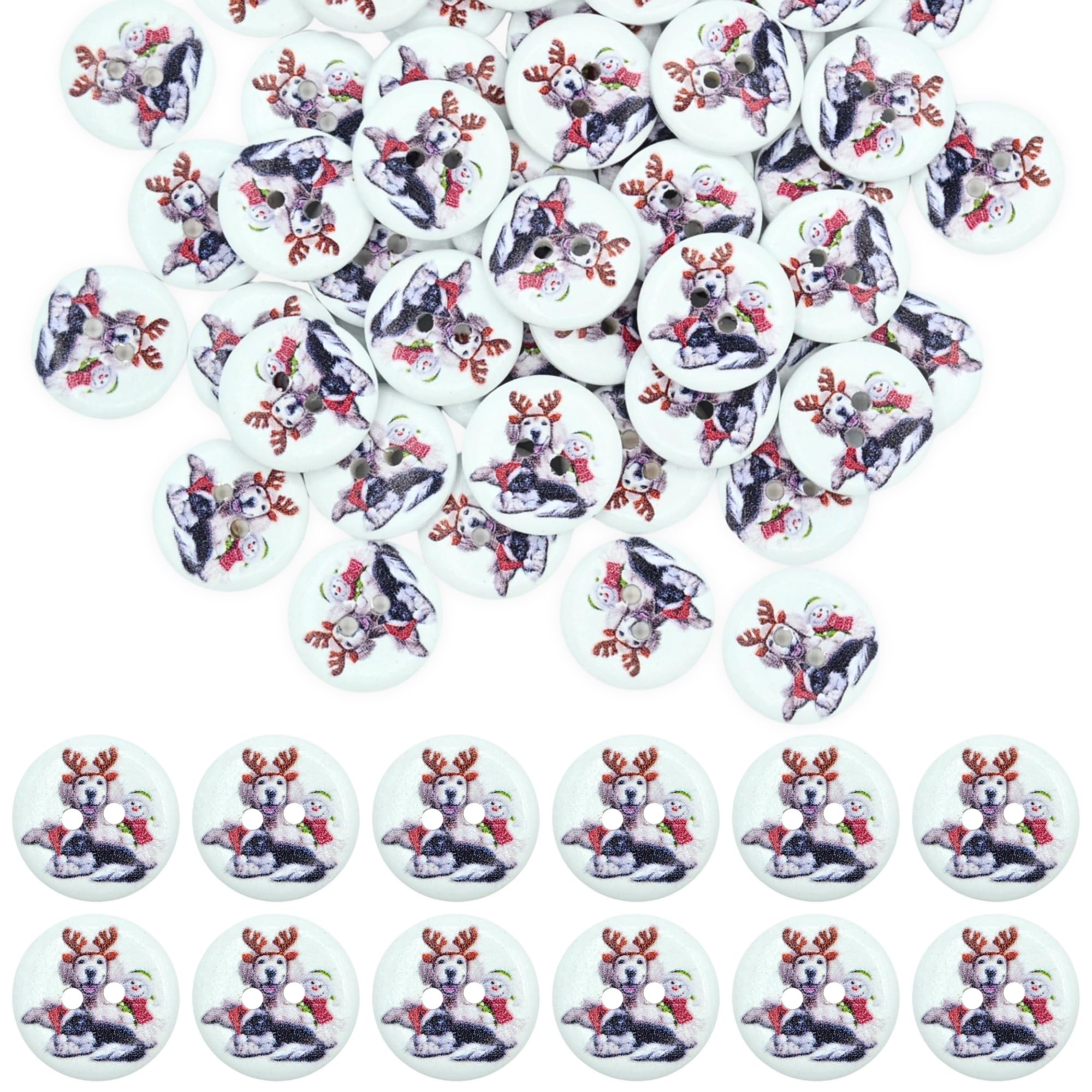celloexpress 20mm Christmas Pets Wooden Buttons - Round Printed Festive Designs Sewing Craft Knitting Scrapbooking (Christmas 27, Pack of 100)