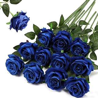 Blue Fake Roses Artificial Flowers - 10 Pcs Fake Artificial Roses Silk Flowers with Stems for Home Wedding Hotel Office Centerpiece Decor