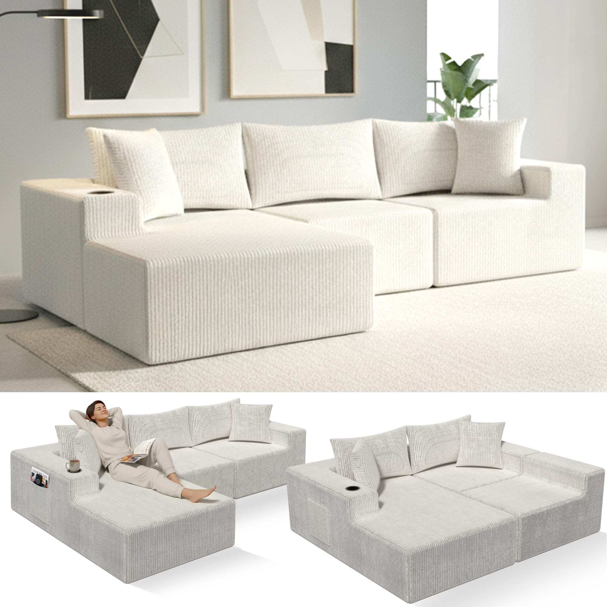 EconoHome Boneless Cloud Sectional Sofa - Plush Deep Seat L-Shaped Couch for Relaxing Entertaining Durable Construction Easy Assembly