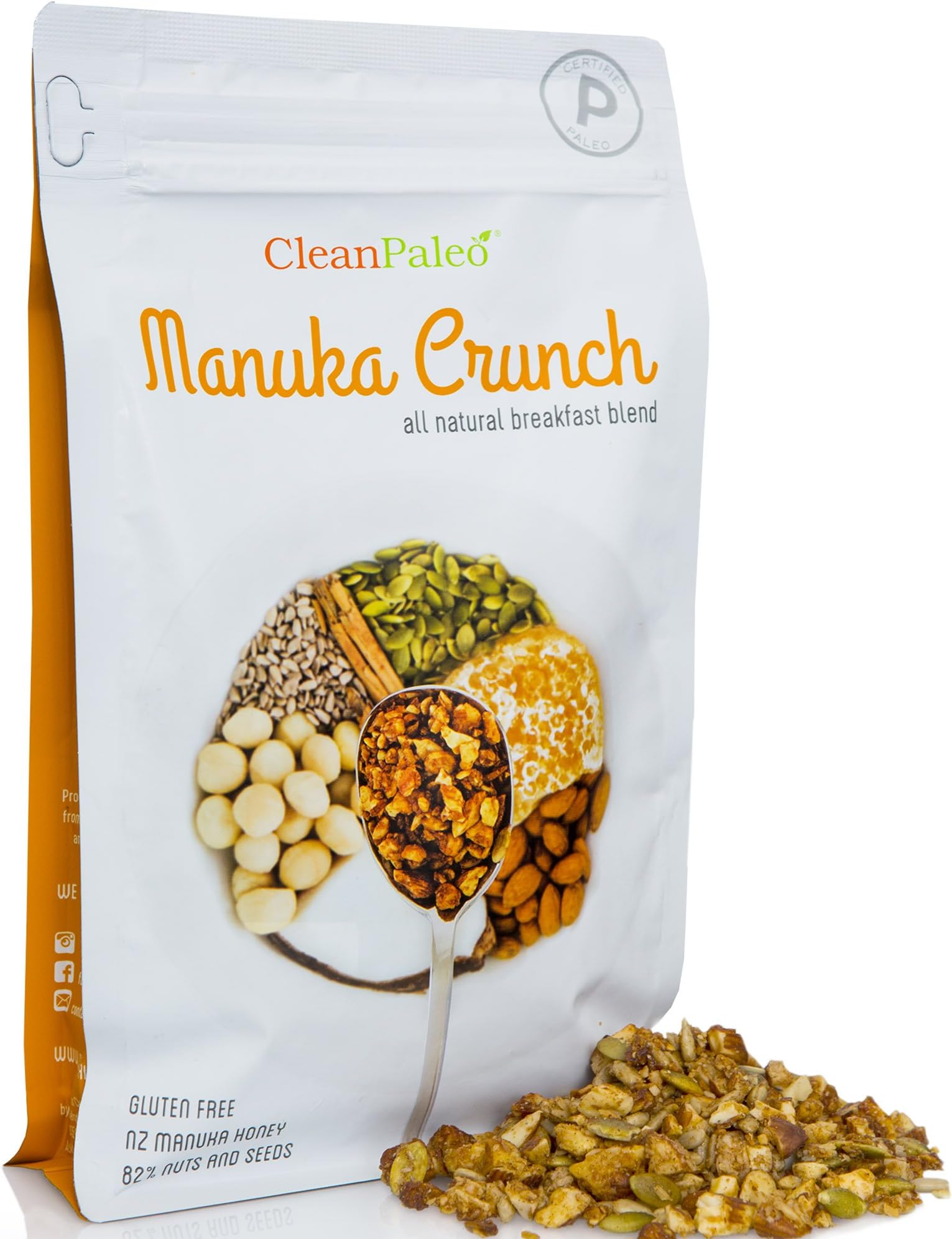 CleanPaleo Manuka Crunch Paleo Breakfast Cereal Blend (Grain Free, Gluten Free) Certified Paleo (350g) 7x 50g Servings Healthy Crunch & Crunchy Low Carb Snack