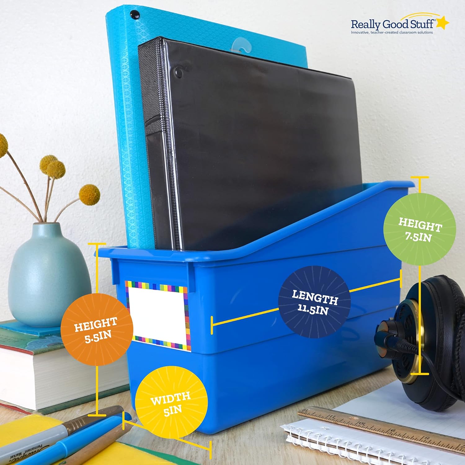 Really Good Stuff-163319 Durable Magazine, Book, Folder, File and Binder Holders – Ideal for Narrow or Vertical Storage Needs– Instantly Color Code Home Classroom –Assorted Primary Colors(Set of 6)
