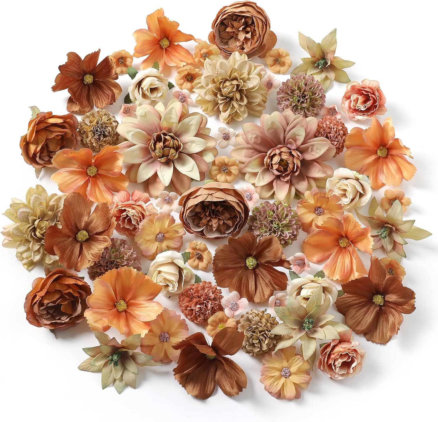 RUIDKUN Fake Flower Heads Bulk - Coffee Silk Daisy & Rose Fall Artificial Flower for Crafts, DIY, Graduation Cap, Wedding, Party, Cake Topper, Home Garland Decor