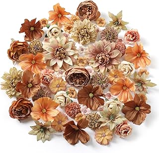 Fake Flower Heads Bulk - Coffee Silk Daisy & Rose Fall Artificial Flower for Crafts, DIY, Graduation Cap, Wedding, Party, Cake Topper, Home Garland Decor