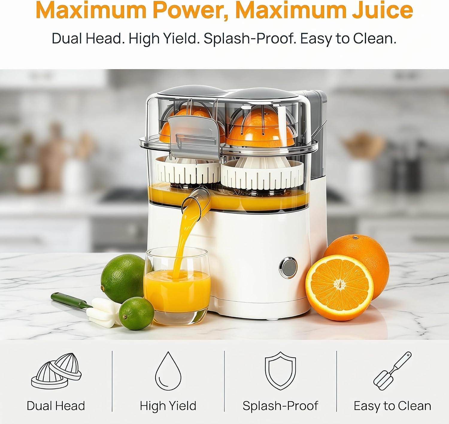 Dual-Head Automatic Citrus Juicer, All-in-One Electric Citrus Juicer Orange Squeezer, 1-Button Automatic Juicer Machine, Built-in Cutter for Orange, Lemon, Lime, Easy to Clean & Use (Black)