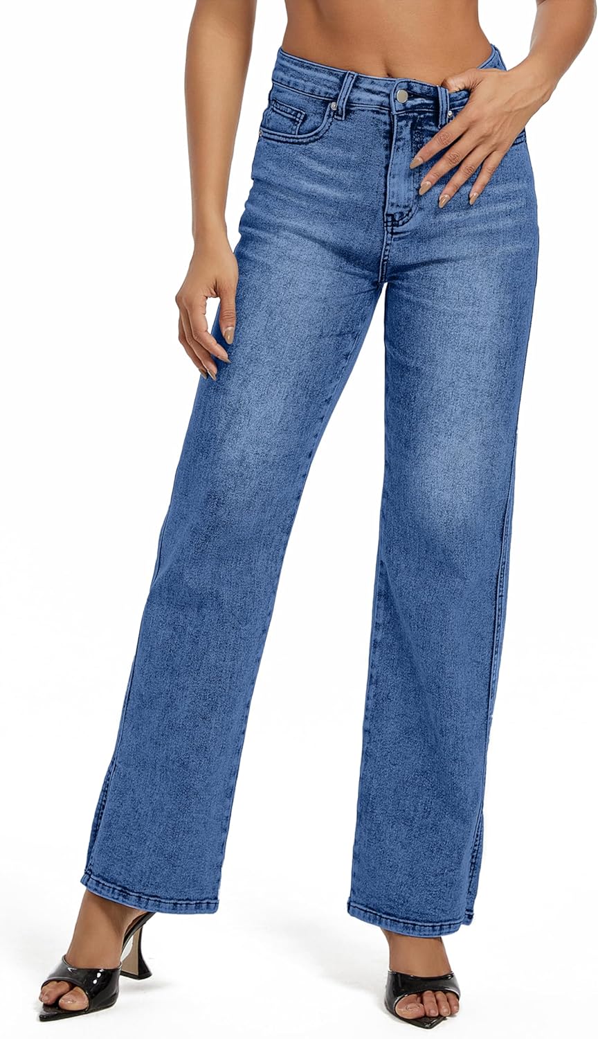 Womens Jeans Hig Waisted Straight Leg Loose Stretchy Tummy Control Trendy Side Slit Jeans for Women 2025