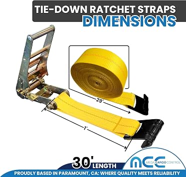 2Pack 3 x 30' Yellow Flat Hook Ratchet Straps - Heavy Duty