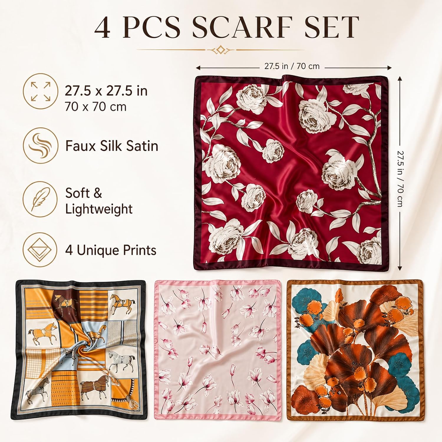 4PCS Neck Scarf Bandanas for Men and Women, Silk Feeling Head Scarfs, Fashion Neckerchief Square Purse Scarf