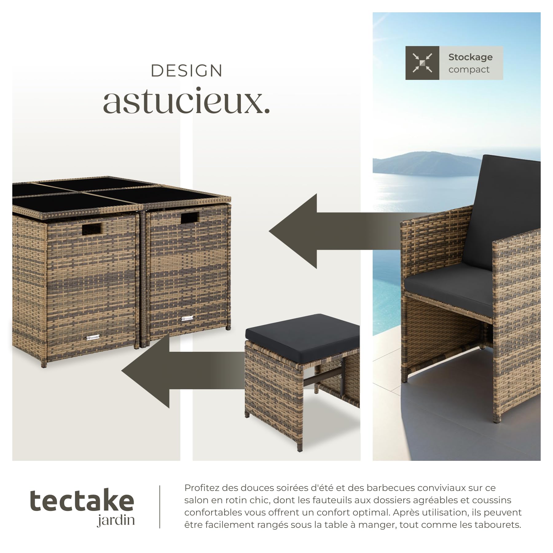 Tectake Salon de Jardin Extérieur en Poly Rotin - Table, 4 Chaises, 4 Tabourets, Housse de Protection - Mobilier Balcon Terrasse - Marron Naturel
