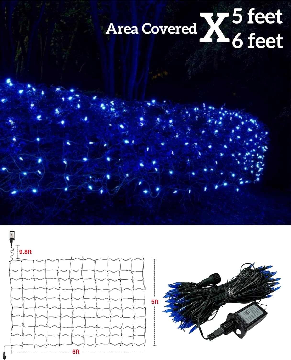 Led Christmas Net Lights Outdoor Connectable, 120LED 5ft x 6ft Waterproof 8 Modes Black Wire 29V Plug in Mesh Lights for Garden Yard Bushes Trunk Tree Decor