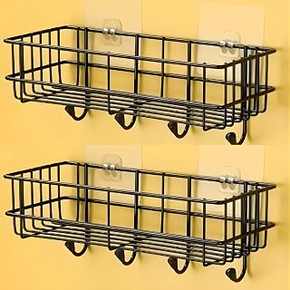 Self Adhesive Bathroom Shelf for Wall - Bathroom Accessories Set of 2 - Magic Sticker Adhesive Shelf - Wall Mounted Shelves - Hanging Self for Kitchen, Living Room and More (Black)