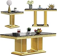 Vista 10 de Juego de 2 mesas de sala de estar, mesa auxiliar de mármol sintético y mesa consola dorada, mesa auxiliar rectangular de lujo blanca y dorada, juego