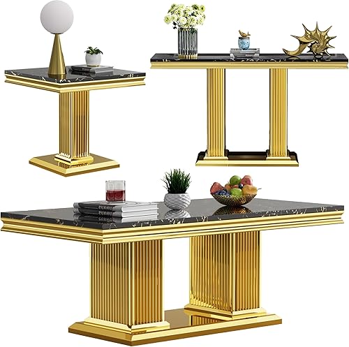 Miniatura 10 de Juego de 2 mesas de sala de estar, mesa auxiliar de mármol sintético y mesa consola dorada, mesa auxiliar rectangular de lujo blanca y dorada, juego