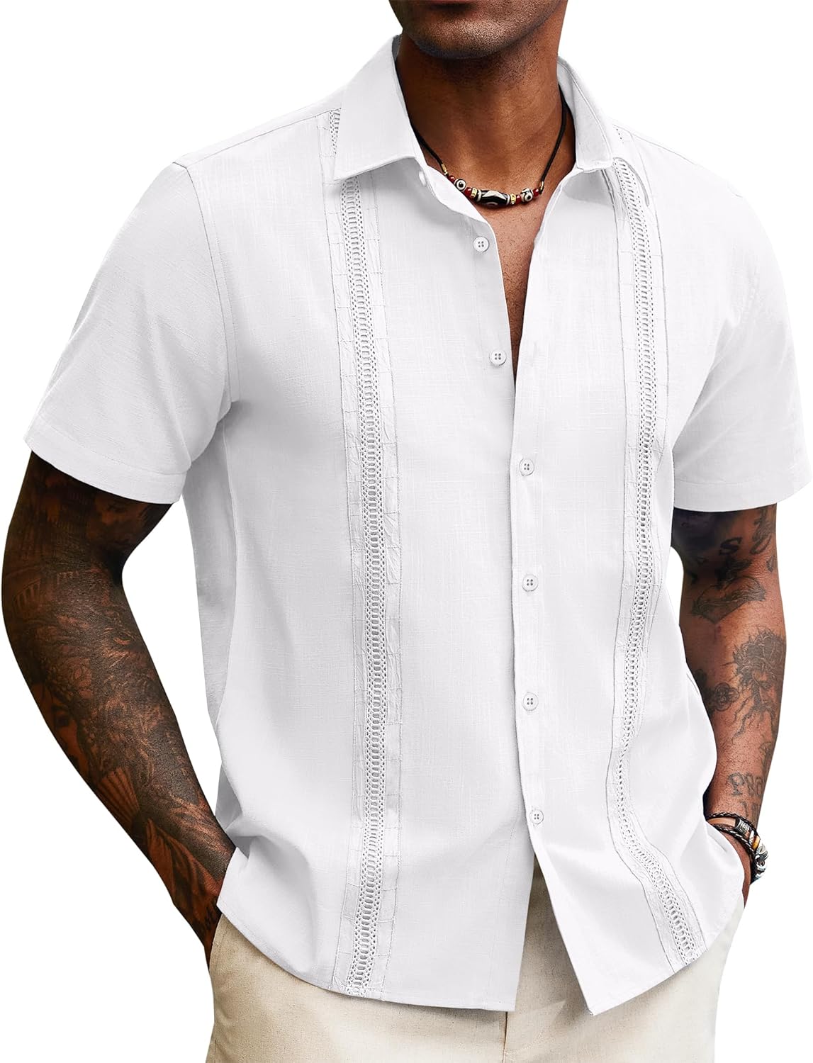 Lion Nardo Guayabera Linen Shirts for Men Short Sleeve Button Down Shirt Hawaiian Shirt Cuban Summer Shirts Beach Shirts