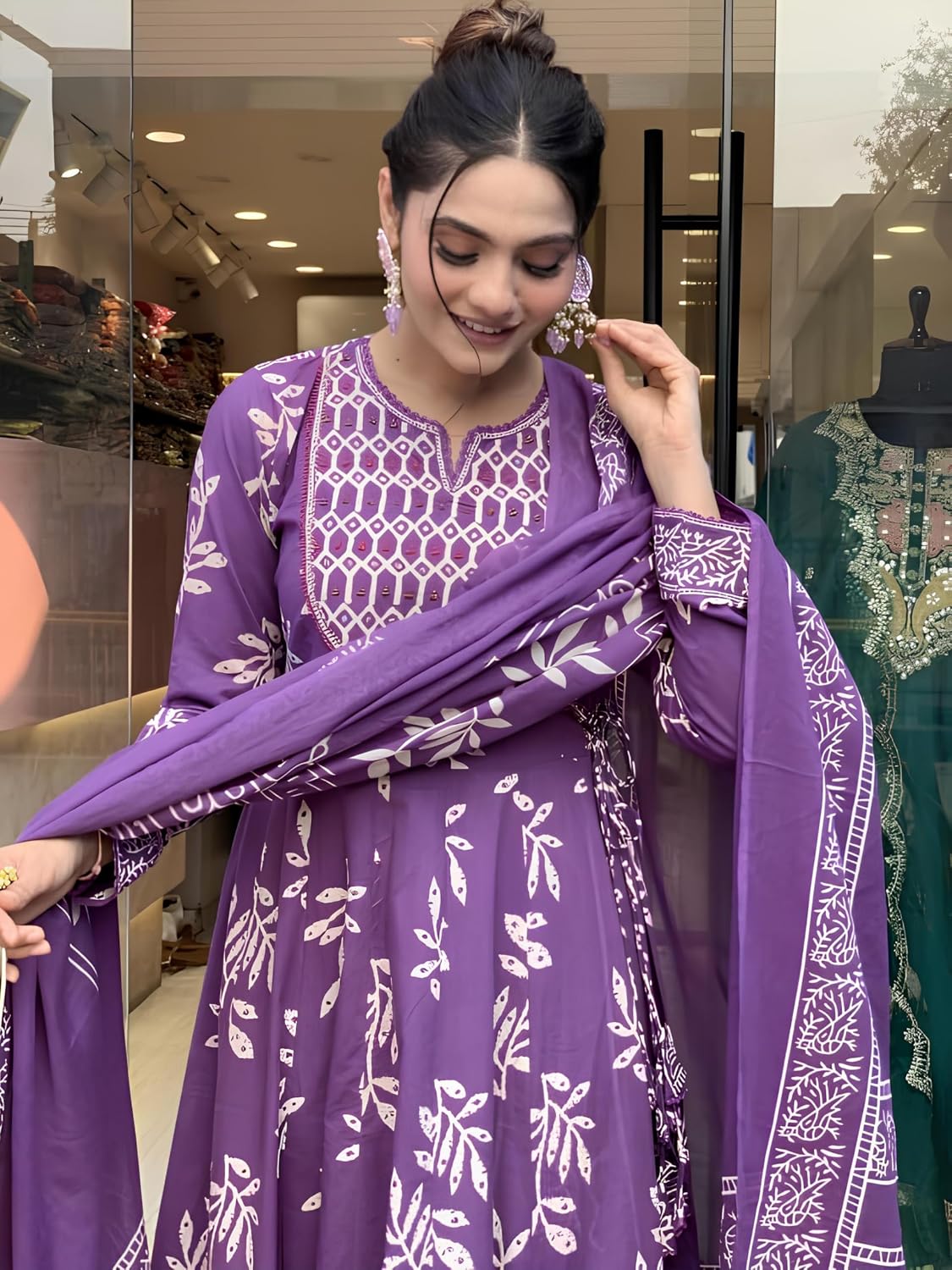 Women Viscose Printed Anarkali Kurta Pant Dupatta Set - Indian Ethnic Traditional Wear Anarkali Kurta Set