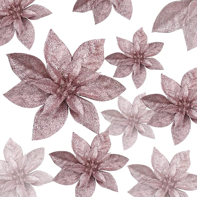 12 Pcs Glitter Christmas Flowers Christmas Poinsettia Flower Decoration Artificial Poinsettia Flower Christmas Tree Flower Decorations Xmas Tree Ornaments Dia 8 Inch/15CM (Rose Gold)